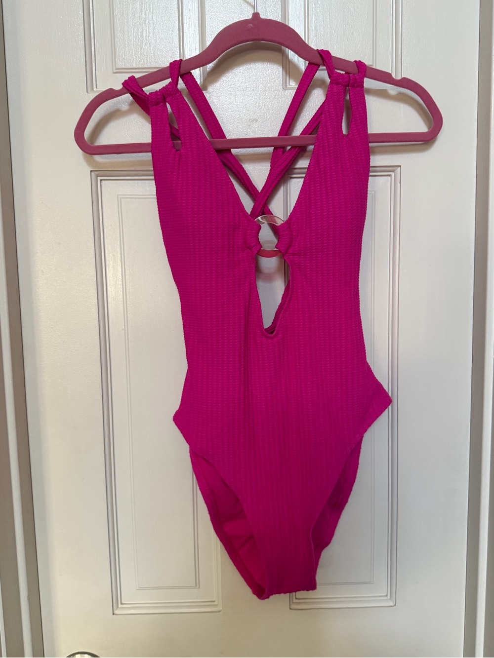 BECCA Fuchsia Ribbed One-Piece Swimsuit with Front Ring Detail